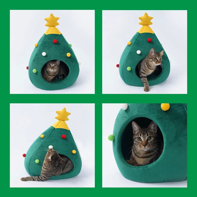 Christmas tree-shaped plush pet cave bed for cats and small dogs with detachable cover