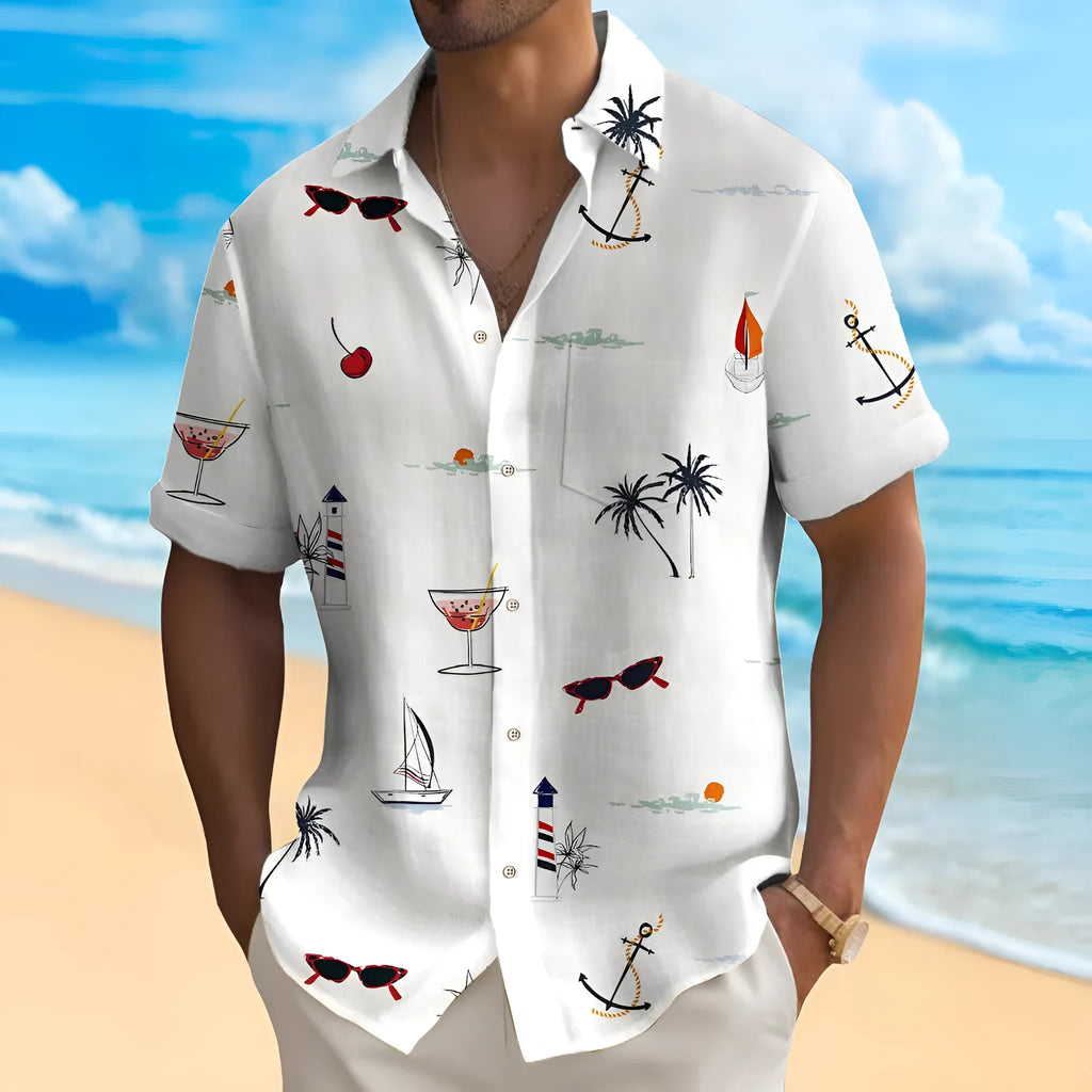 Man wearing a loose-fit Hawaiian shirt with a digital printed pattern, short sleeves.