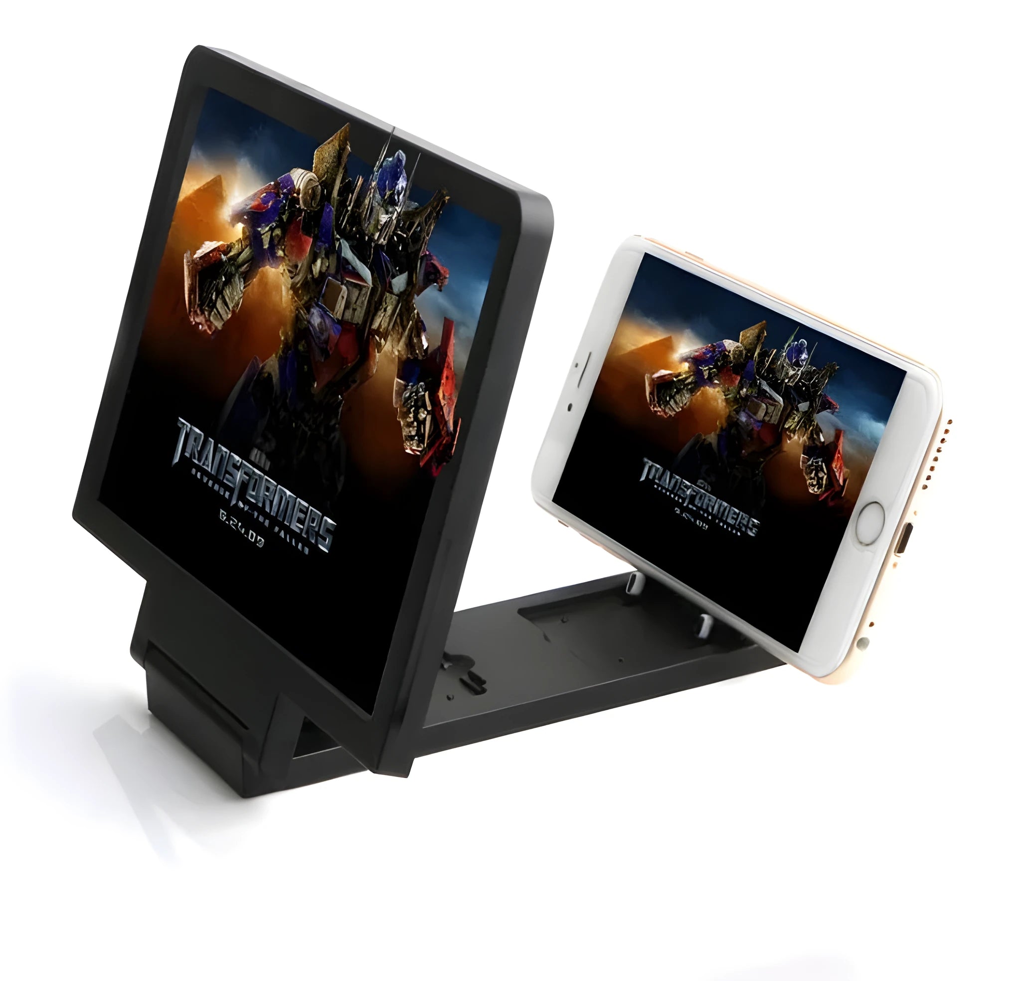 Black radiation-shielding 3D acrylic mobile phone screen amplifier with fold-out stand deployed.
