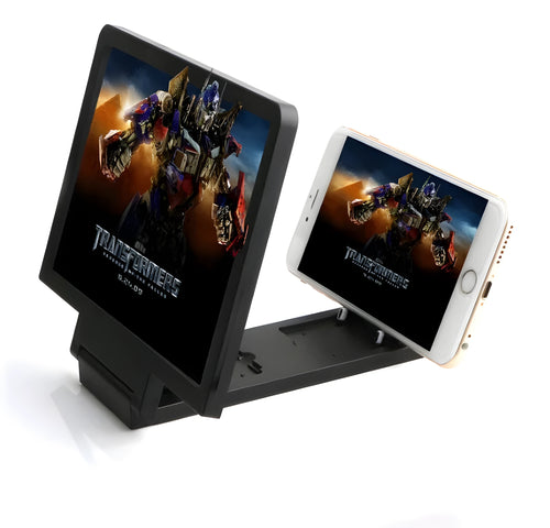 Black radiation-shielding 3D acrylic mobile phone screen amplifier with fold-out stand deployed.