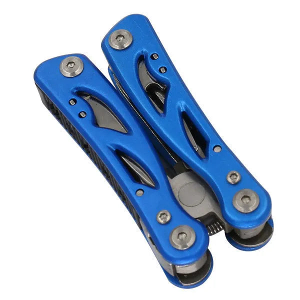 Blue stainless steel folding multi-function pliers with fruit knife and Oxford storage bag