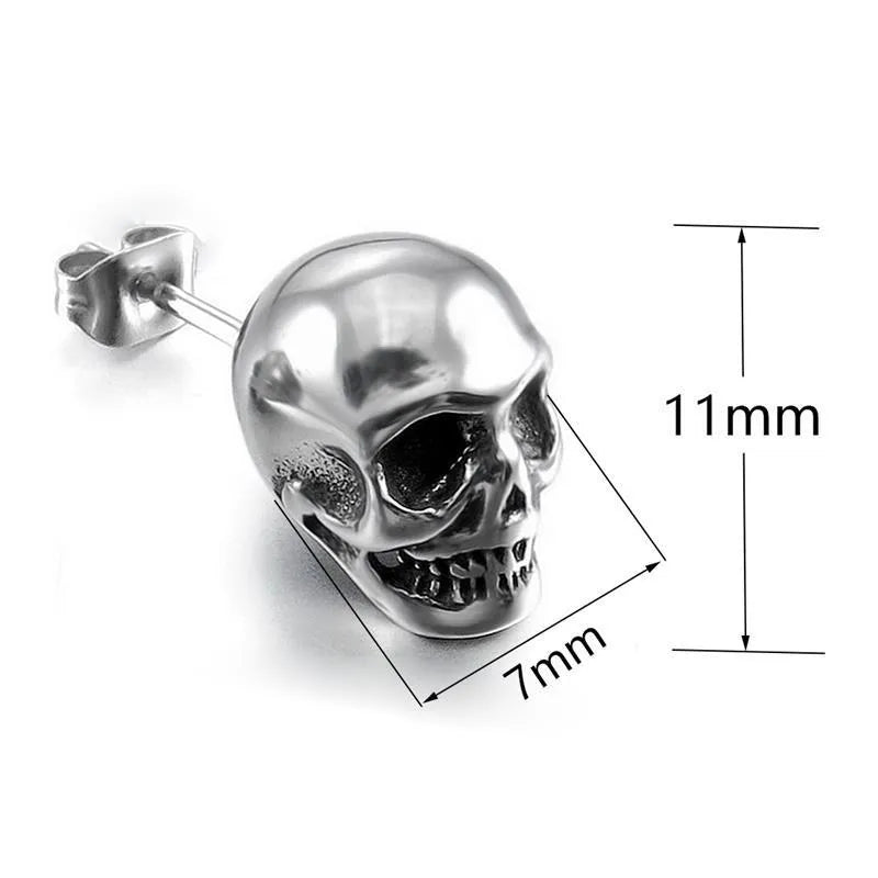 Pair of small punk skull stud earrings in black or silver white copper with push-back fittings