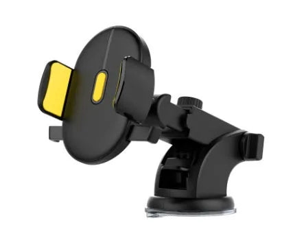 Yellow and black telescopic car phone holder with suction cup mounted on a dashboard