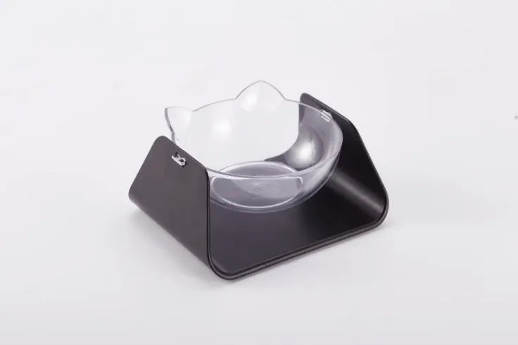 Protective cervical cat bowl in plastic with beveled sloped design, available in blue pink black white and yellow