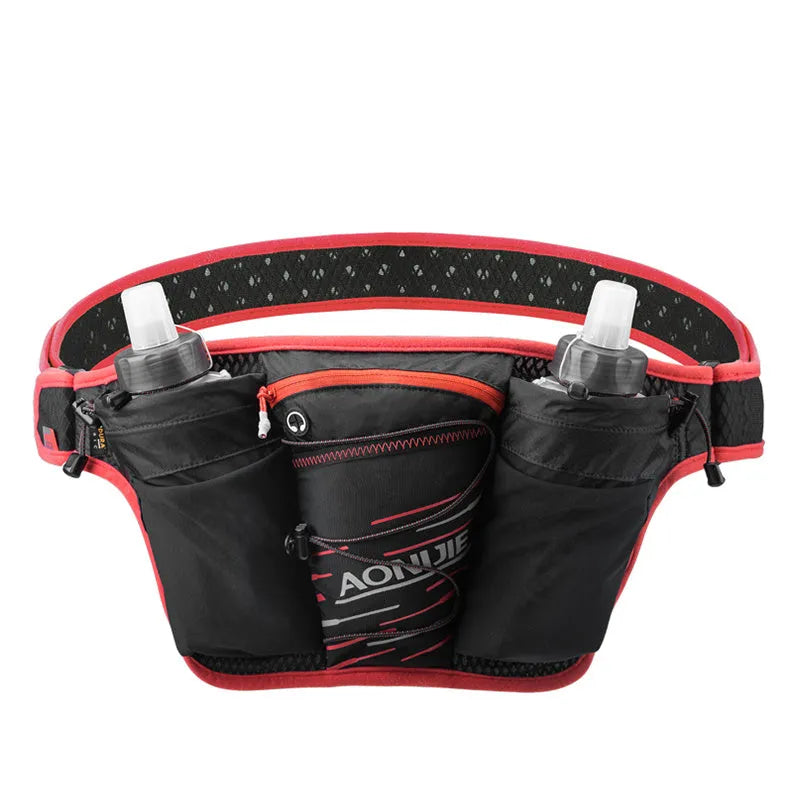 Leisure sports belt waist bag holding a 500ml bottle, available in Black Blue and Black Red, sizes L and XL.