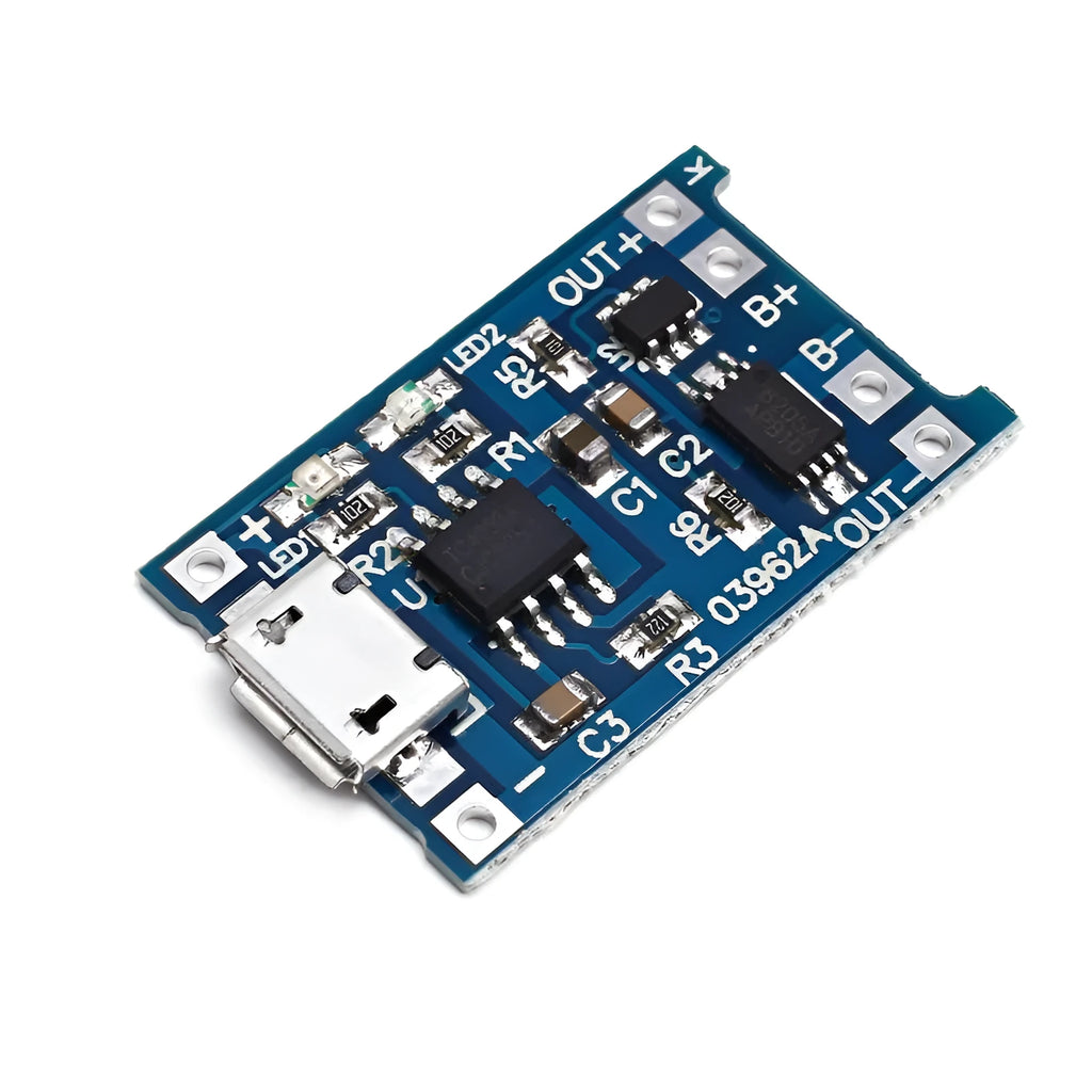 Blue lithium battery charging and protection circuit board measuring 2.6 by 1.7 centimetres