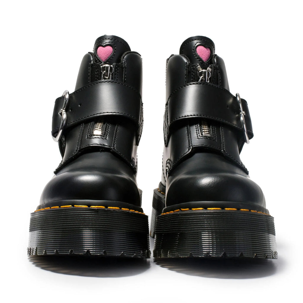 Women's black leather Martin ankle boots with side zipper, thick heel, belt buckle and waterproof platform