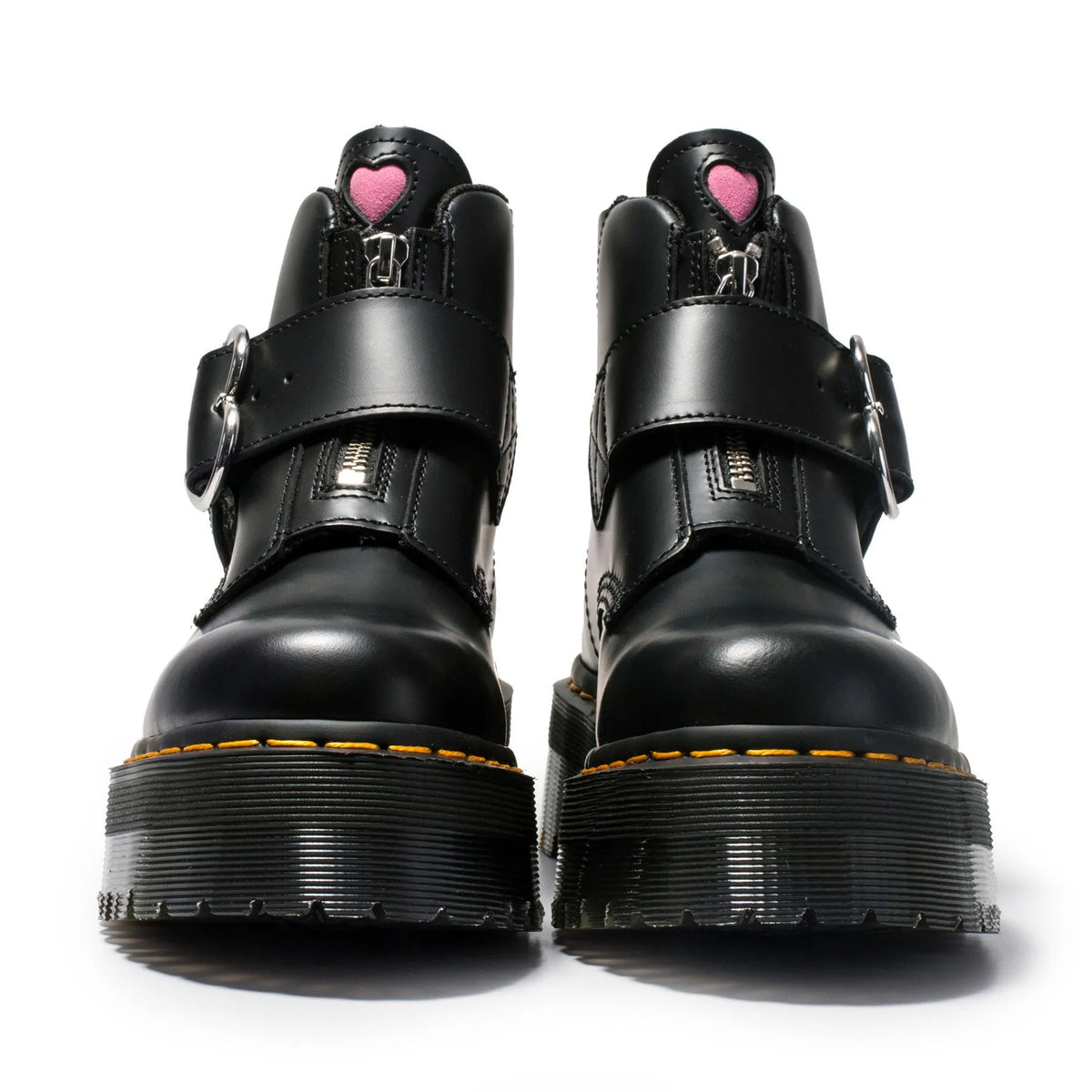 Women's black leather Martin ankle boots with side zipper, thick heel, belt buckle and waterproof platform