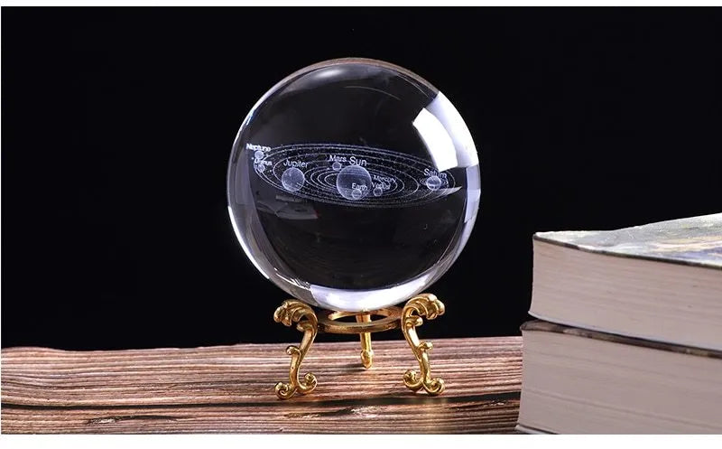 Solar system crystal ball in K9 crystal, 60mm to 100mm, with optional Pluto and base styles