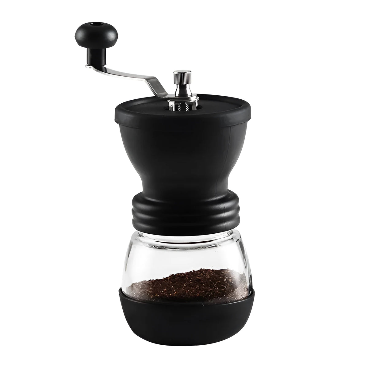 Manual hand coffee grinder with black format, beech wood body, 88 mm width and 160 mm height, front drawer for ground coffee