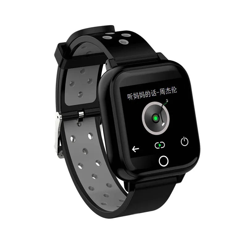 Black smartwatch with integrated Bluetooth earbuds stored in the watch case for fitness tracking and calls.