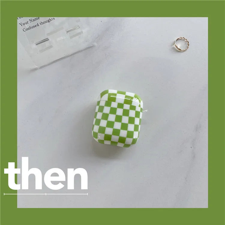 Black and green checkerboard pattern TPU case for Apple AirPods with optional pendant attachments