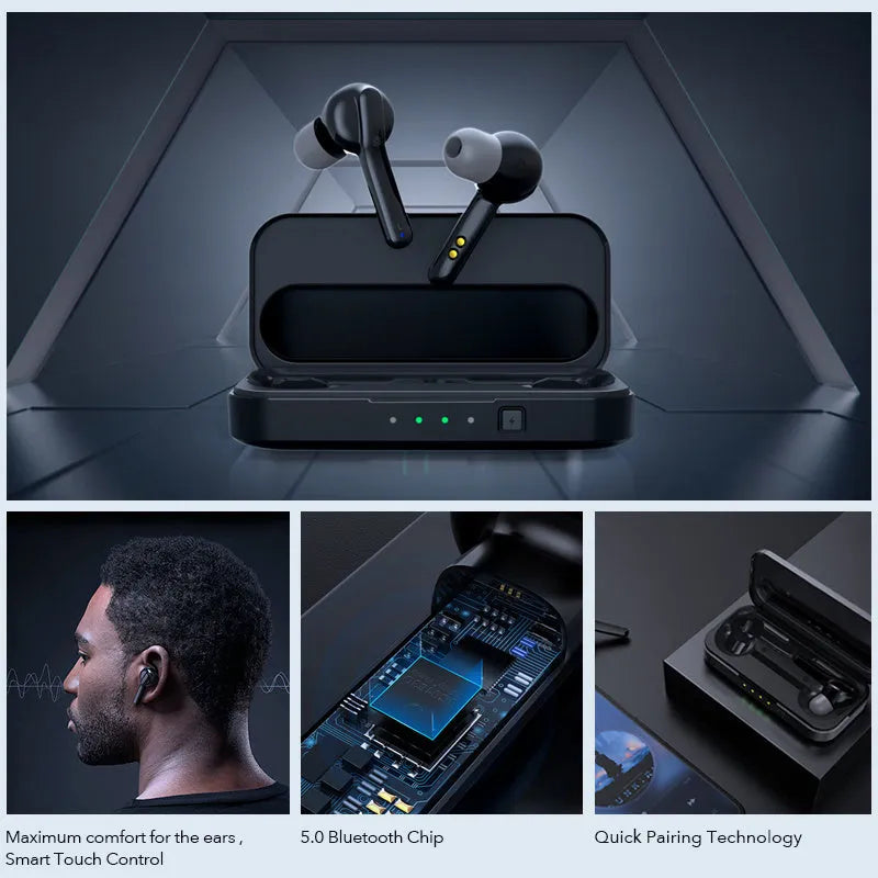 Black and white true wireless Bluetooth earbuds with in-ear design.