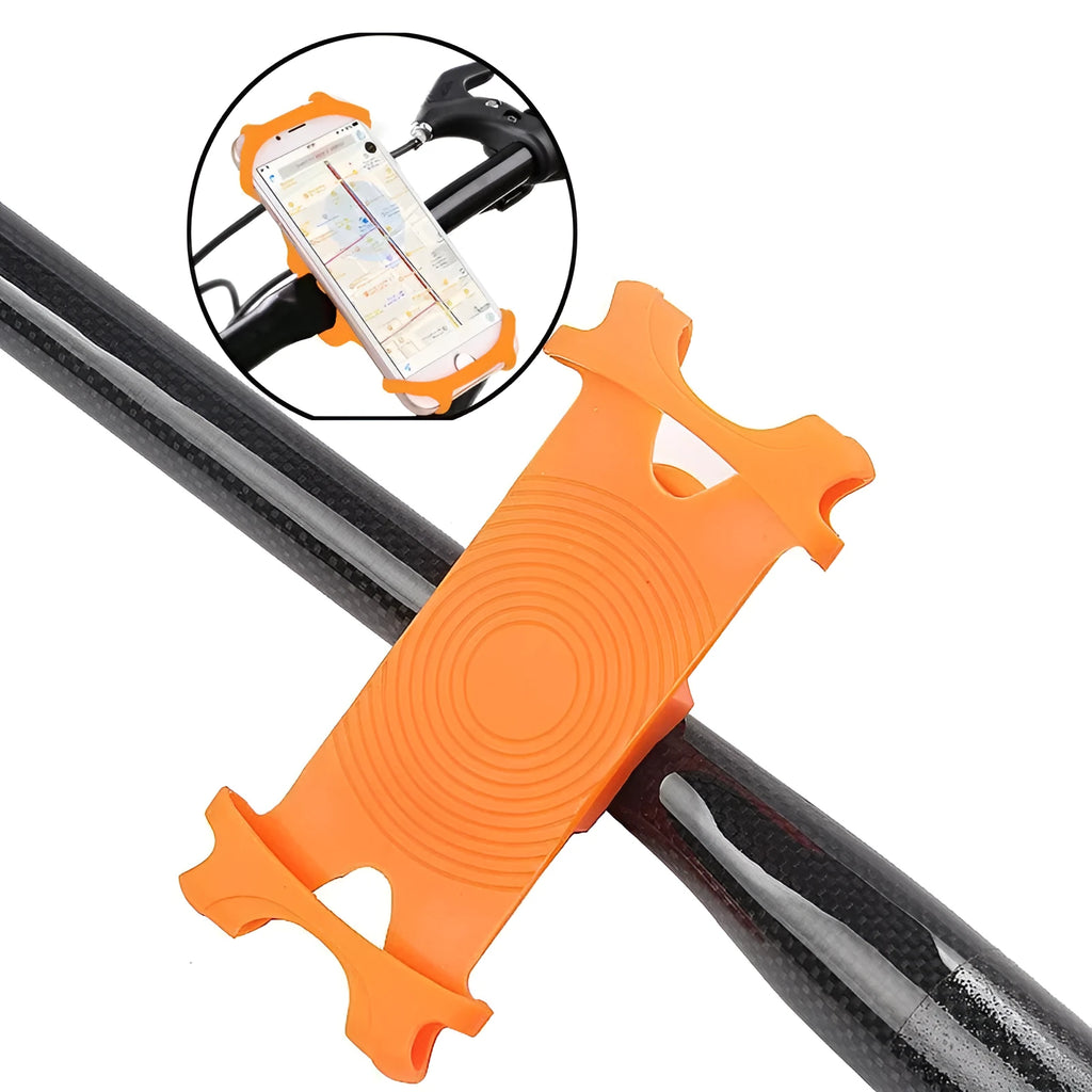 Silicone bicycle phone holder mounted on handlebar showing three-hole adjustment system