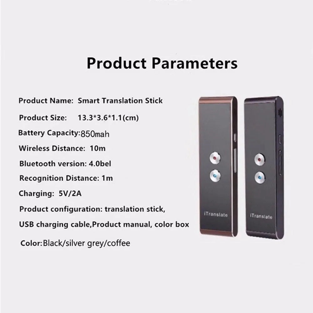 Portable voice translator device with Bluetooth, 30+ languages, and rechargeable battery, 123x36x12mm