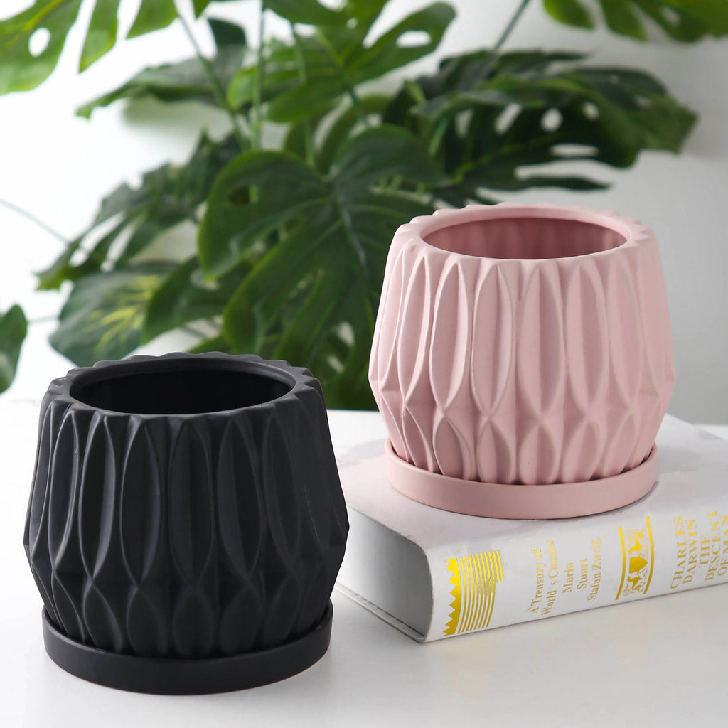 Medium grey ceramic flowerpot for tabletop indoor plants