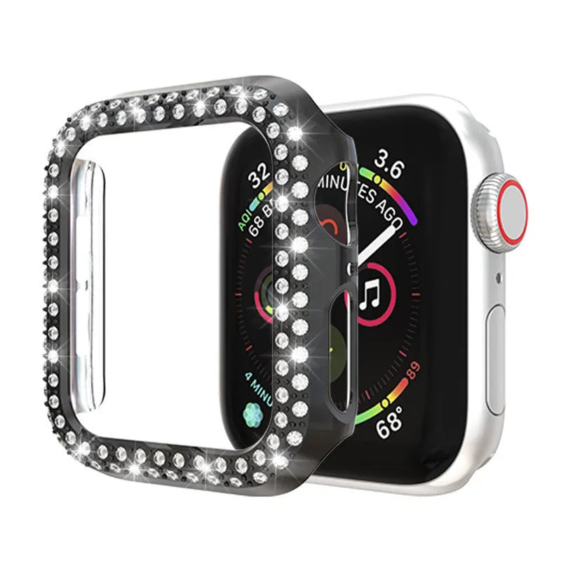 Transparent polycarbonate protective case for an Apple Watch, shown next to colour swatches.