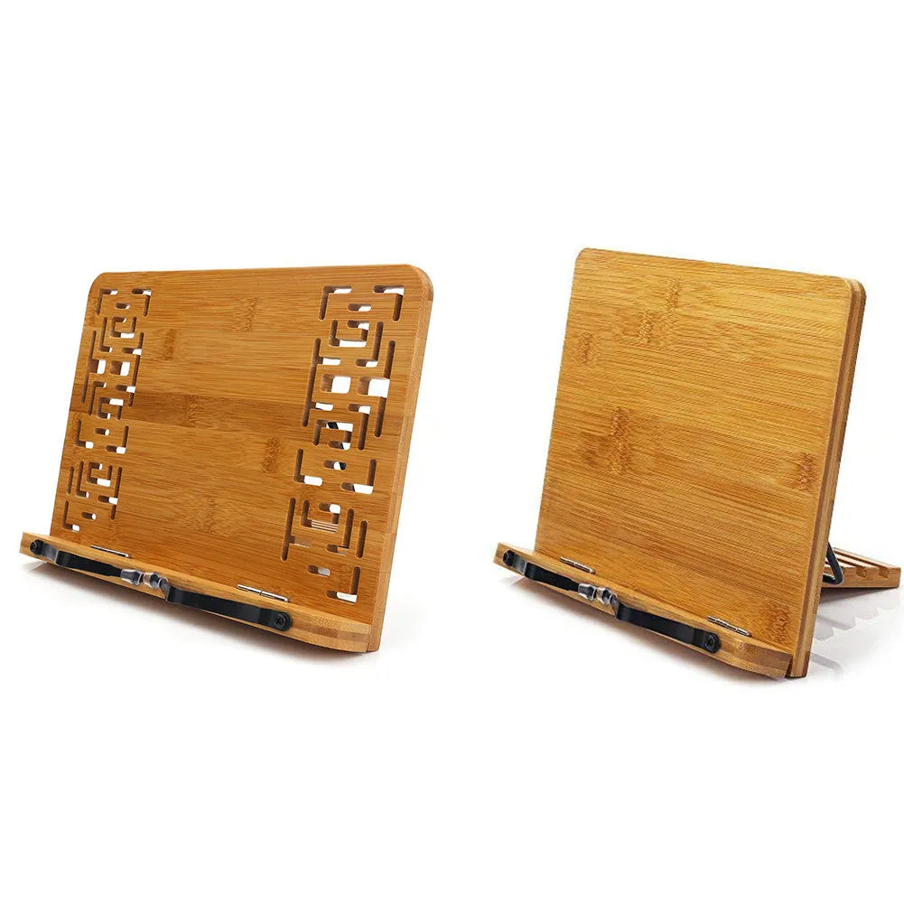 Solid wood bamboo hollow reading frame in Glossy finish, size M 34x24 cm, on a desk holding an open book