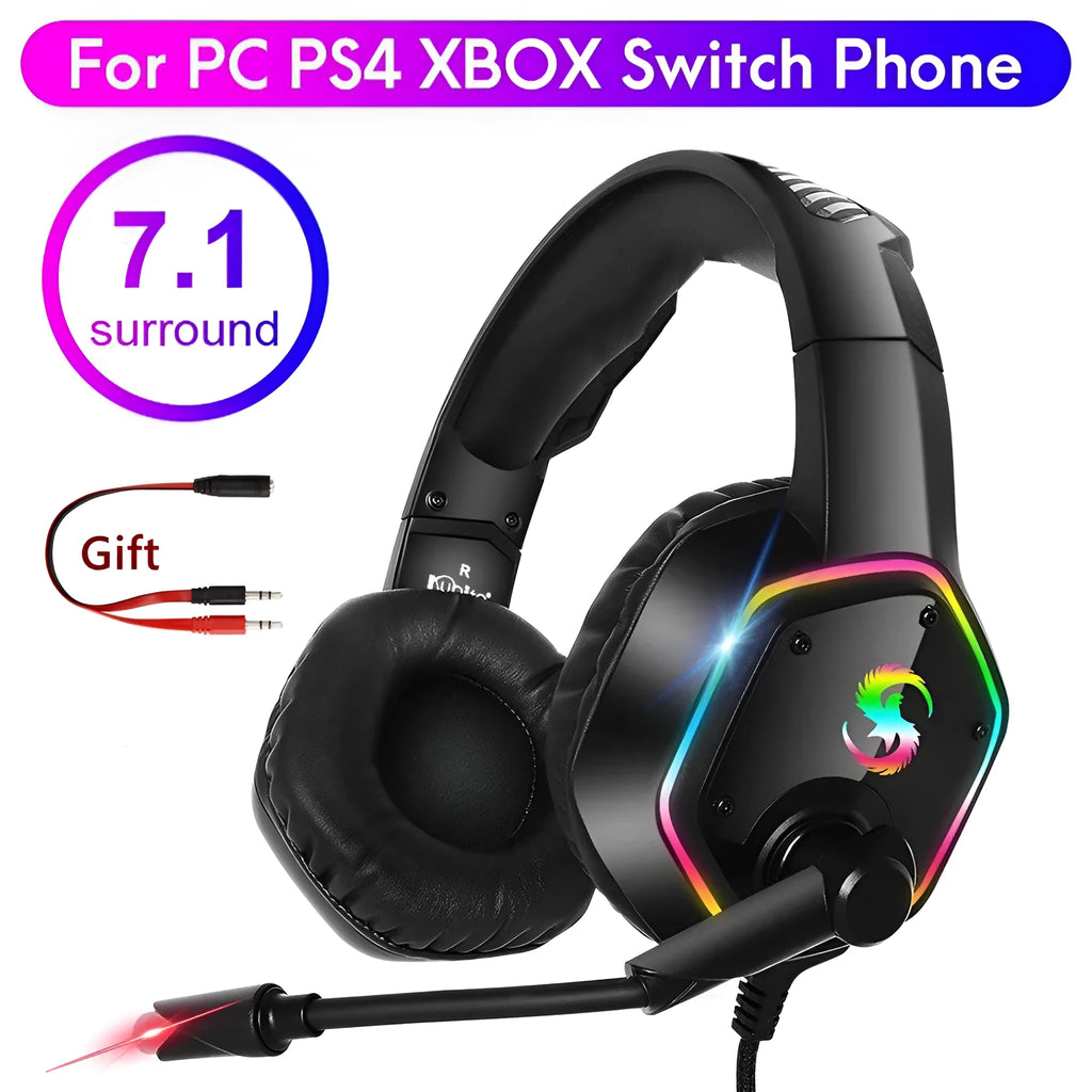 Black gaming headset with 3D surround sound, noise canceling microphone, and colorful LED lights on over ear pads