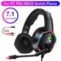 Black gaming headset with 3D surround sound, noise canceling microphone, and colorful LED lights on over ear pads