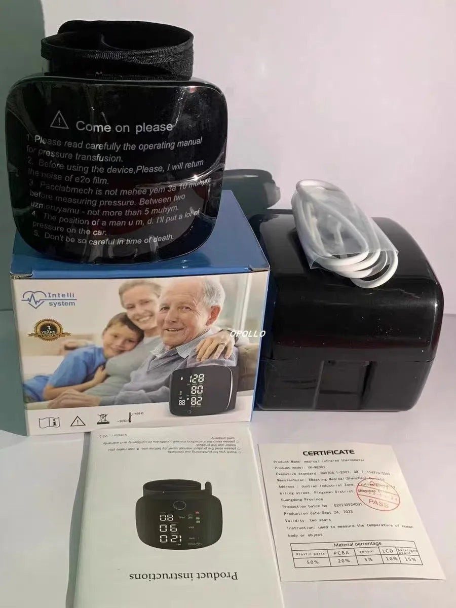Black rechargeable wrist blood pressure monitor with multi-language voice prompts.