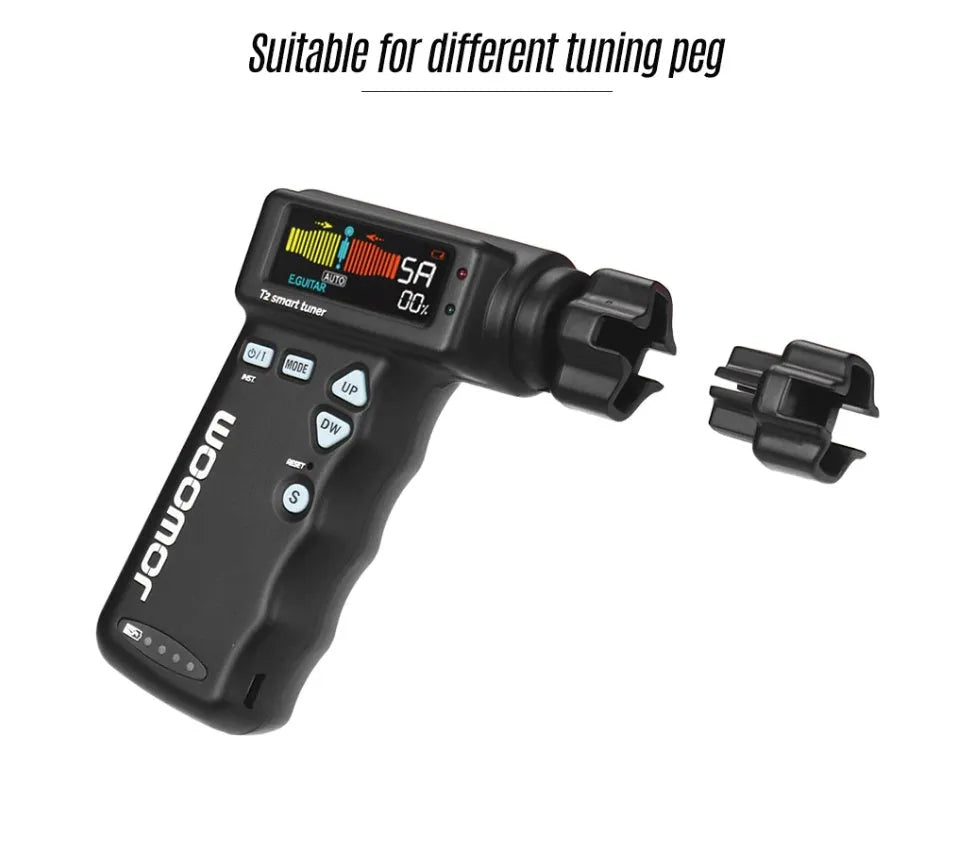 Black and white smart guitar tuner and string winder with colourful LCD display
