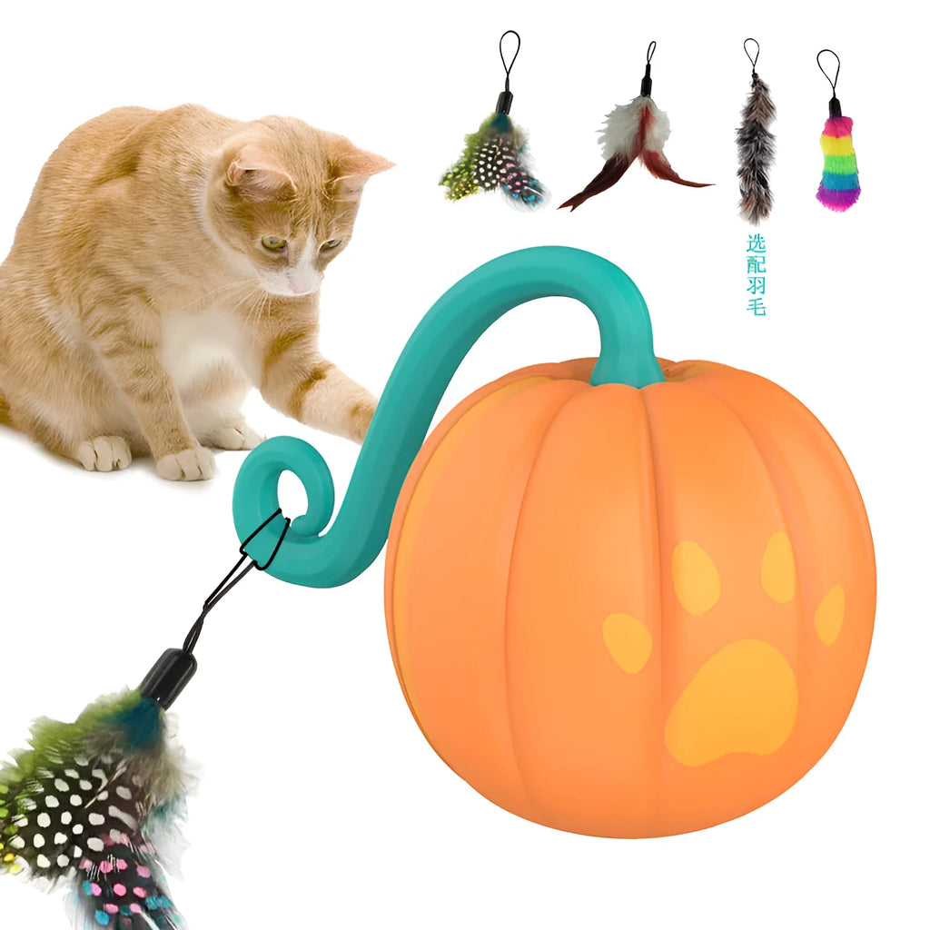 Electric luminous cat toy ball in watermelon green and pink design next to pumpkin orange version