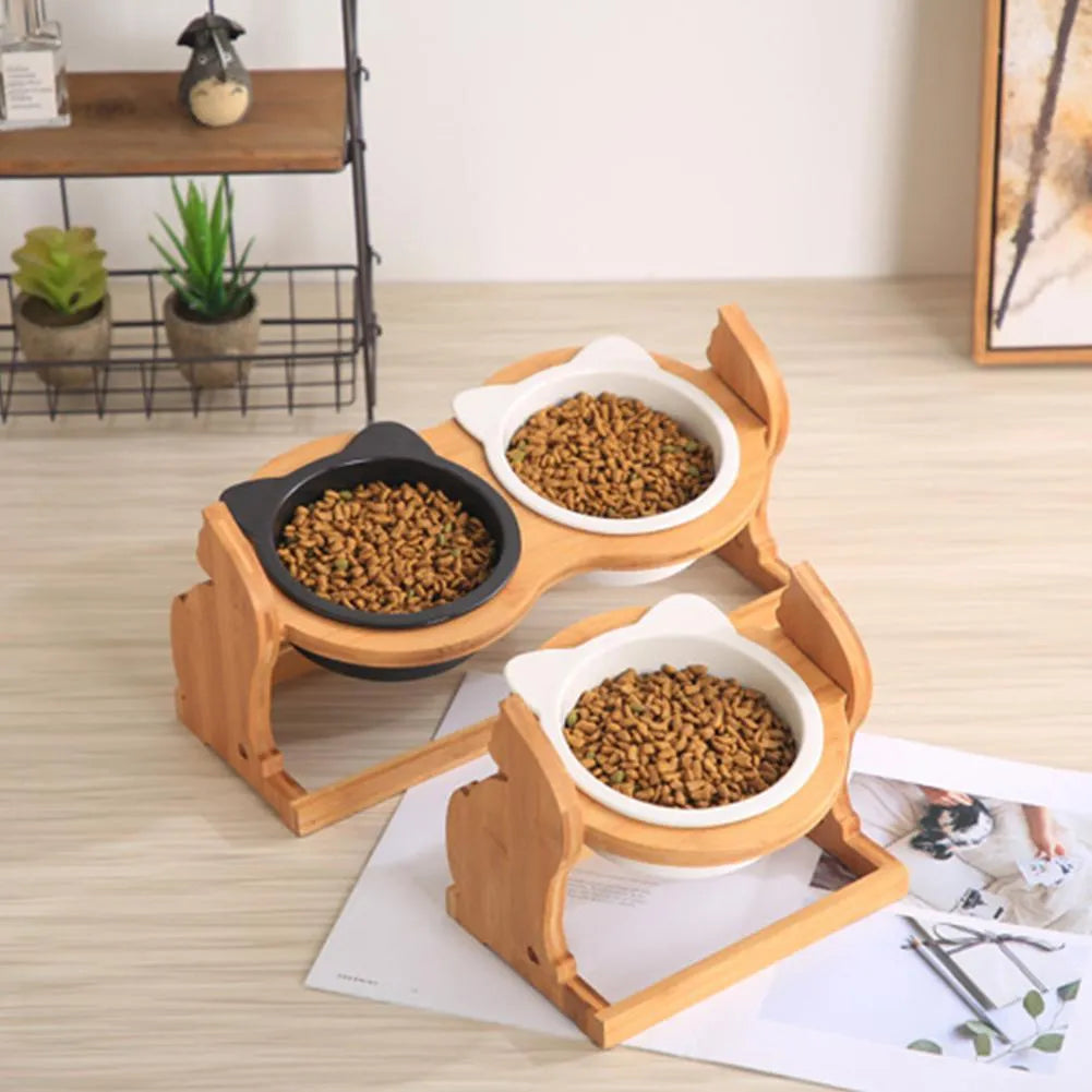 Ceramic pet bowl cat food bowl with stand for cats 400ml capacity single or double bowl in black white black and white choice of stand or shelf colour options as shown