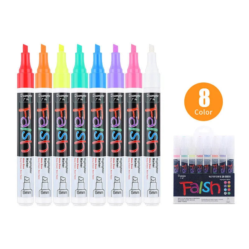6mm electronic fluorescent board highlighter with oblique pen shape and plastic body, shown in an 8-colour or 12-colour set.