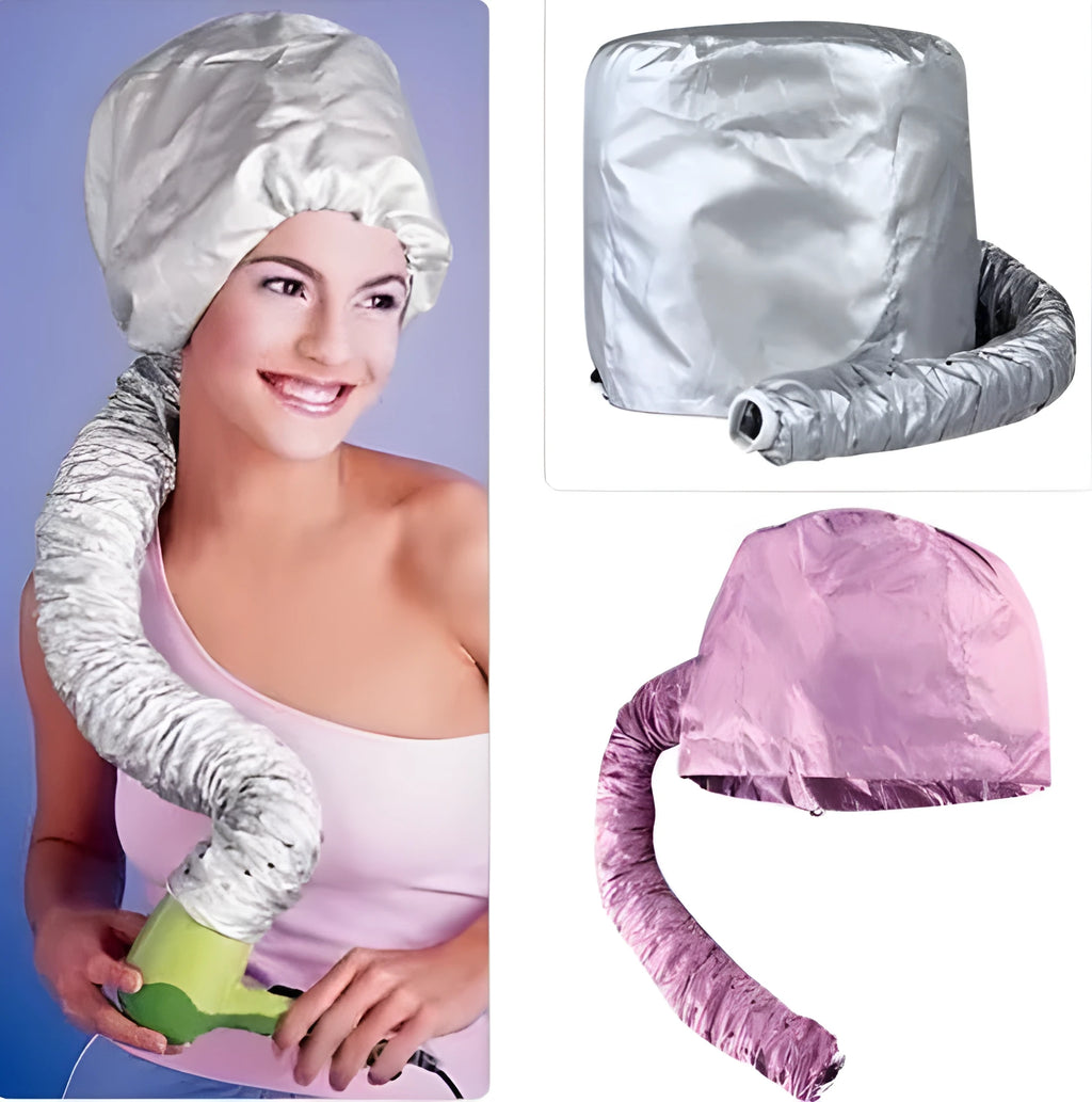 Pink hair dryer bonnet hood with drawstring and elastic tube for universal fit