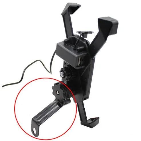 Black motorcycle phone holder mounted on handlebar with USB charging cable connected