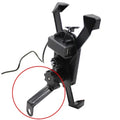 Black motorcycle phone holder mounted on handlebar with USB charging cable connected