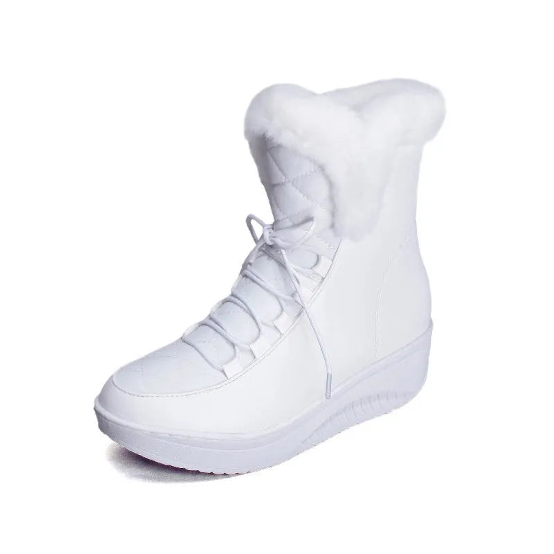 Women's black lace-up platform winter boots with a water-resistant finish.
