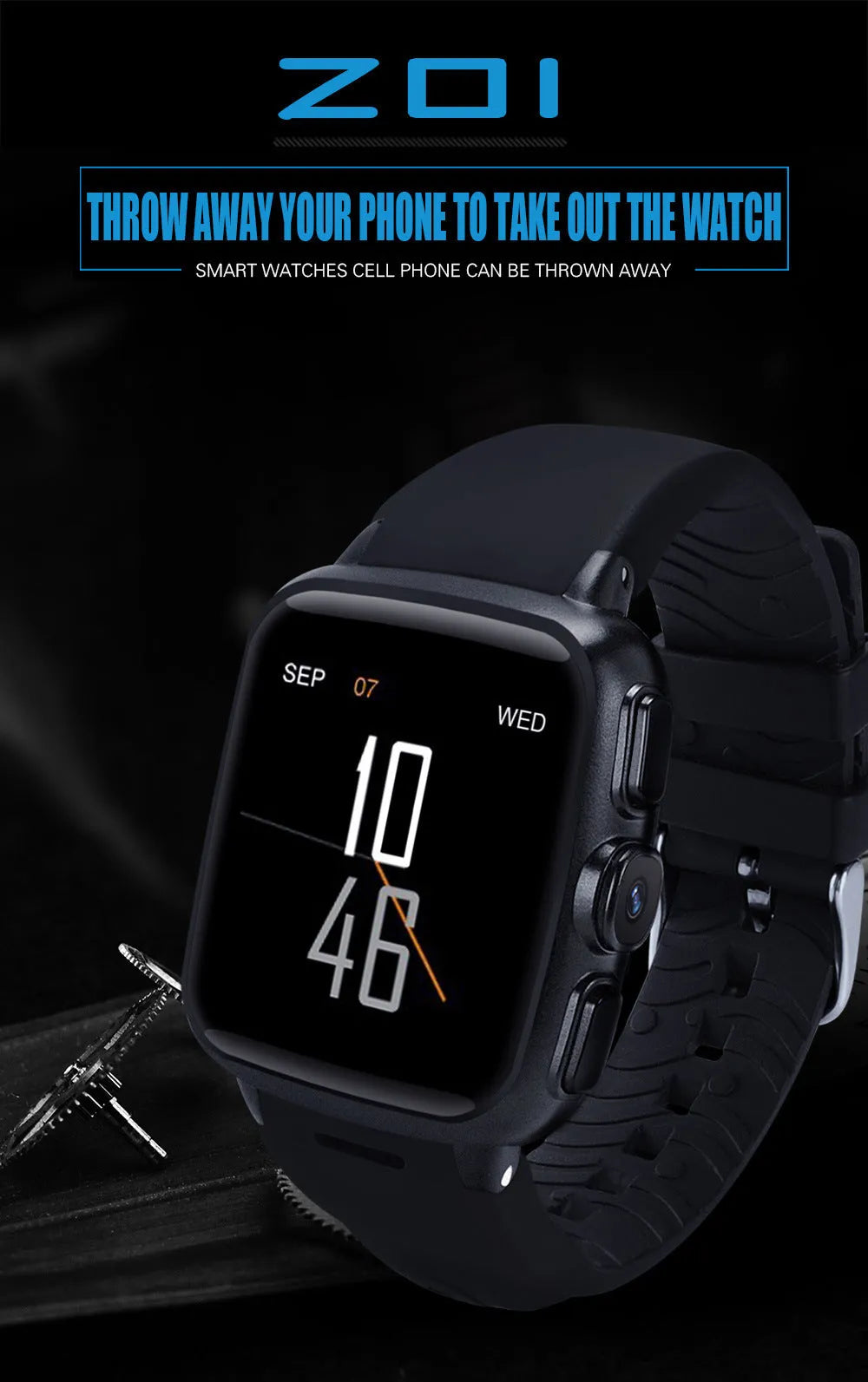 Black or white Z01 smart watch with a 1.54-inch touchscreen on a wrist.