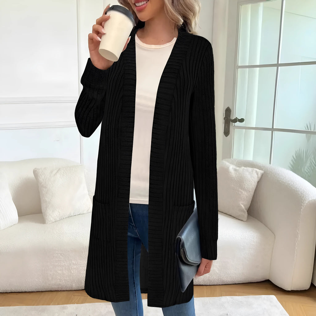 Women's plus size black knitted cardigan jacket with long sleeves and front pockets.