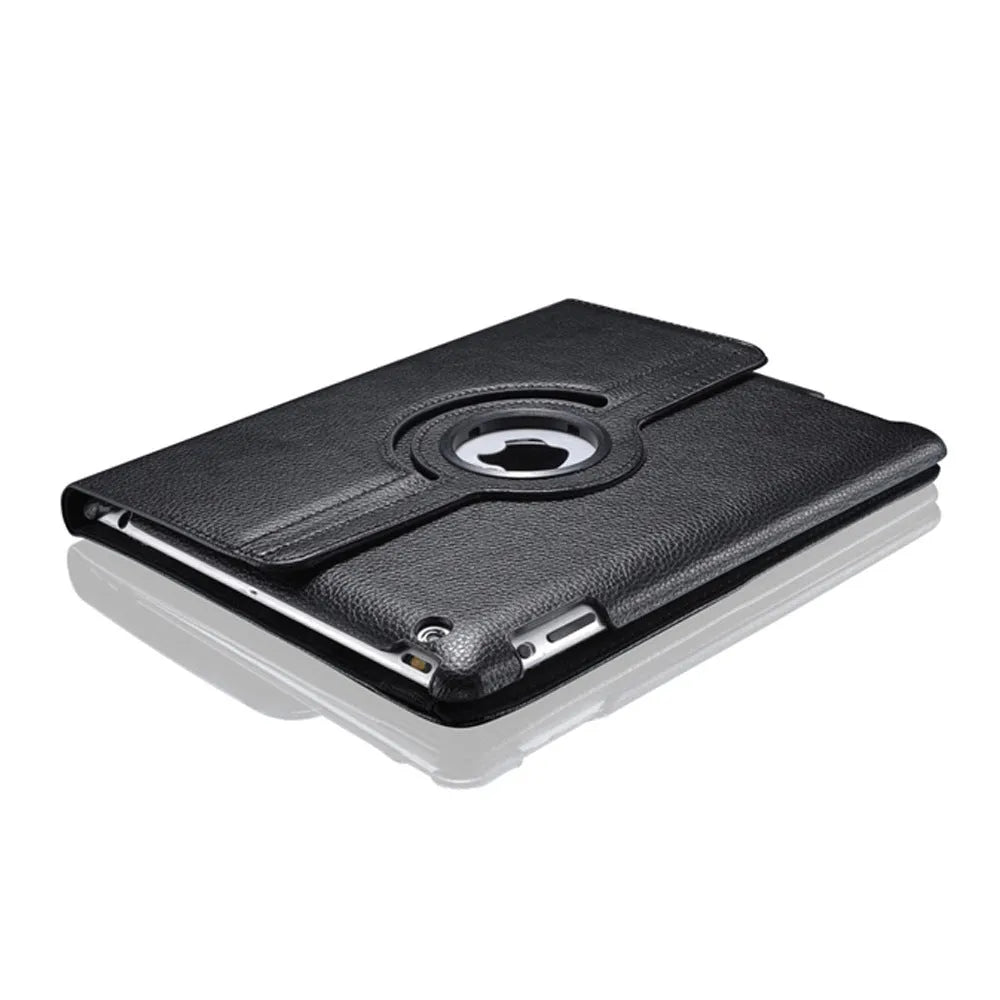 iPad PU leather clam shell protective case shown in various colours including pink, blue, and black.