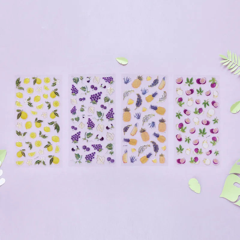 Set of six long, glossy fruit-themed bronzing stickers for DIY decoration on phones and notebooks.