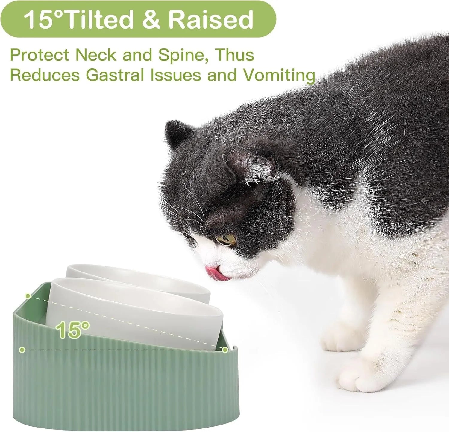 Green ceramic elevated cat bowl set with two tilted dishes on a non-slip stand.