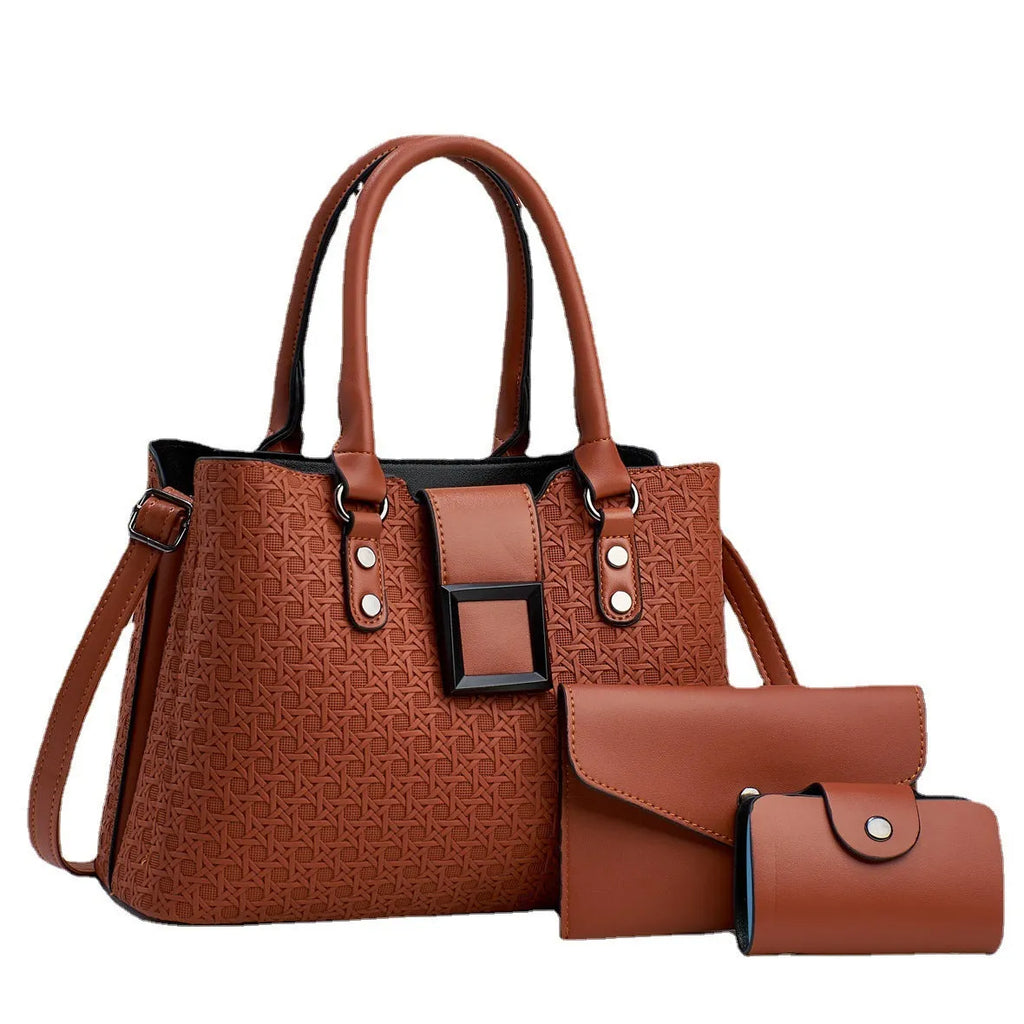 Three textured square women's crossbody shoulder bags in different colours showing internal compartments