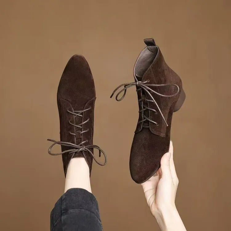 Women's matte pointed low-heel ankle boots in brown with thin fleece lining and block heel