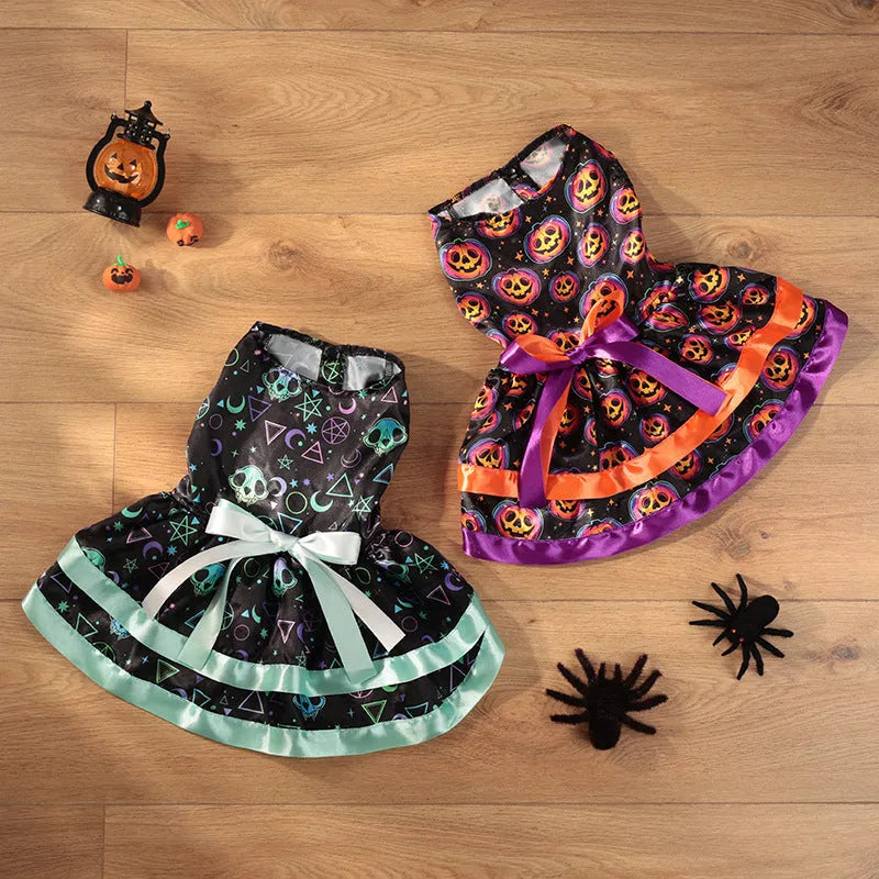 Halloween dog skirt costume in colourful pumpkin print, size medium, on a mannequin.
