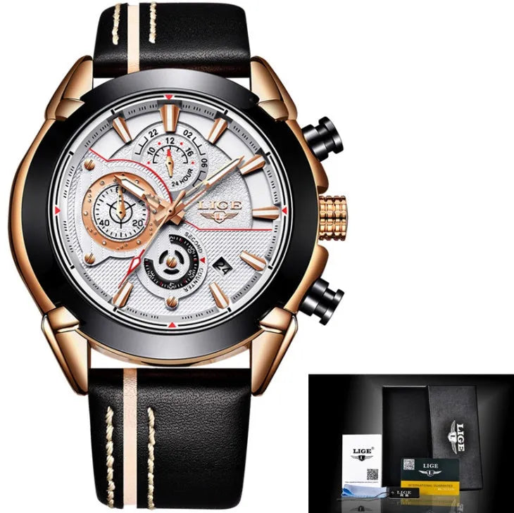 LIGE men's quartz chronograph watch with luminous hands, 45mm stainless steel case, leather band, 3Bar waterproof