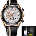 LIGE men's quartz chronograph watch with luminous hands, 45mm stainless steel case, leather band, 3Bar waterproof