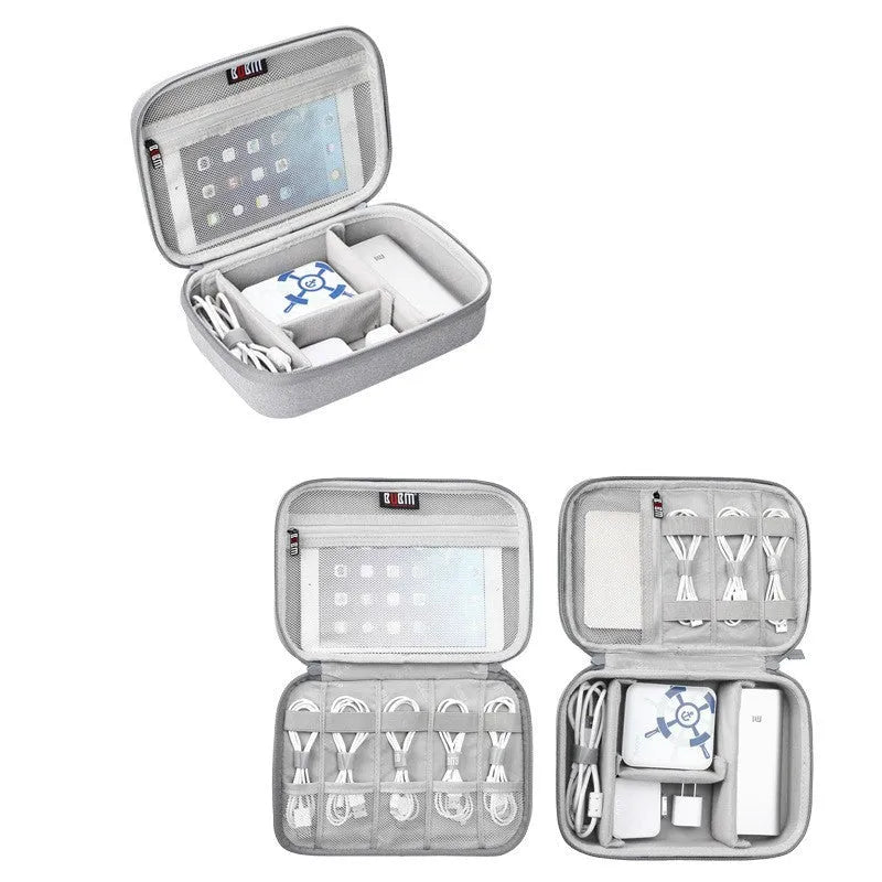 Black EVA digital storage organiser bag showing double layer compartments for headphones and cables