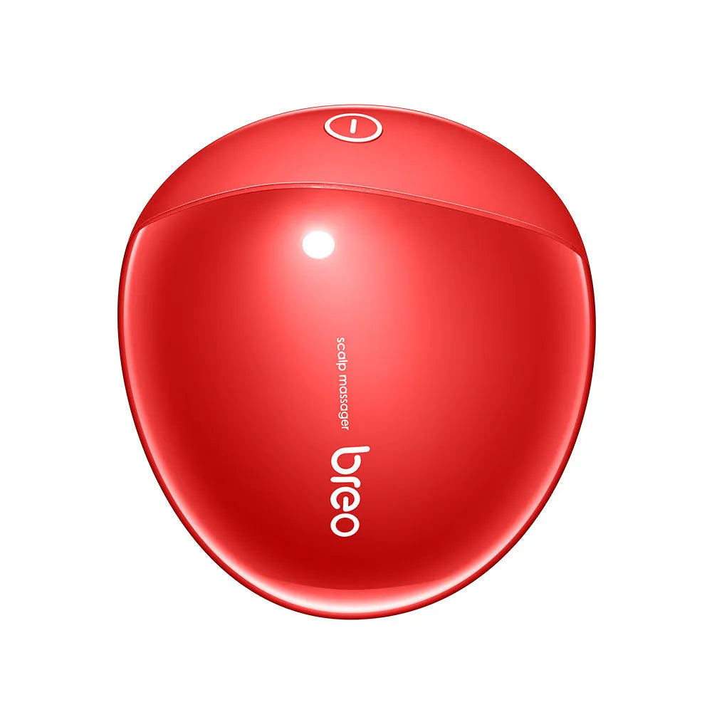 Red scalp massager with 9 nodes measuring 110mm x 120mm x 82mm