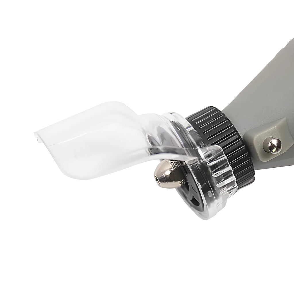 Transparent plastic horn-shaped safety cover for Delta power tools with 17.5-19mm thread port.