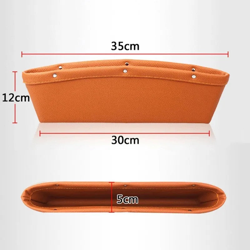 Faux leather car seat gap storage organiser in beige holding a phone and keys, size 35x10.5x4 cm