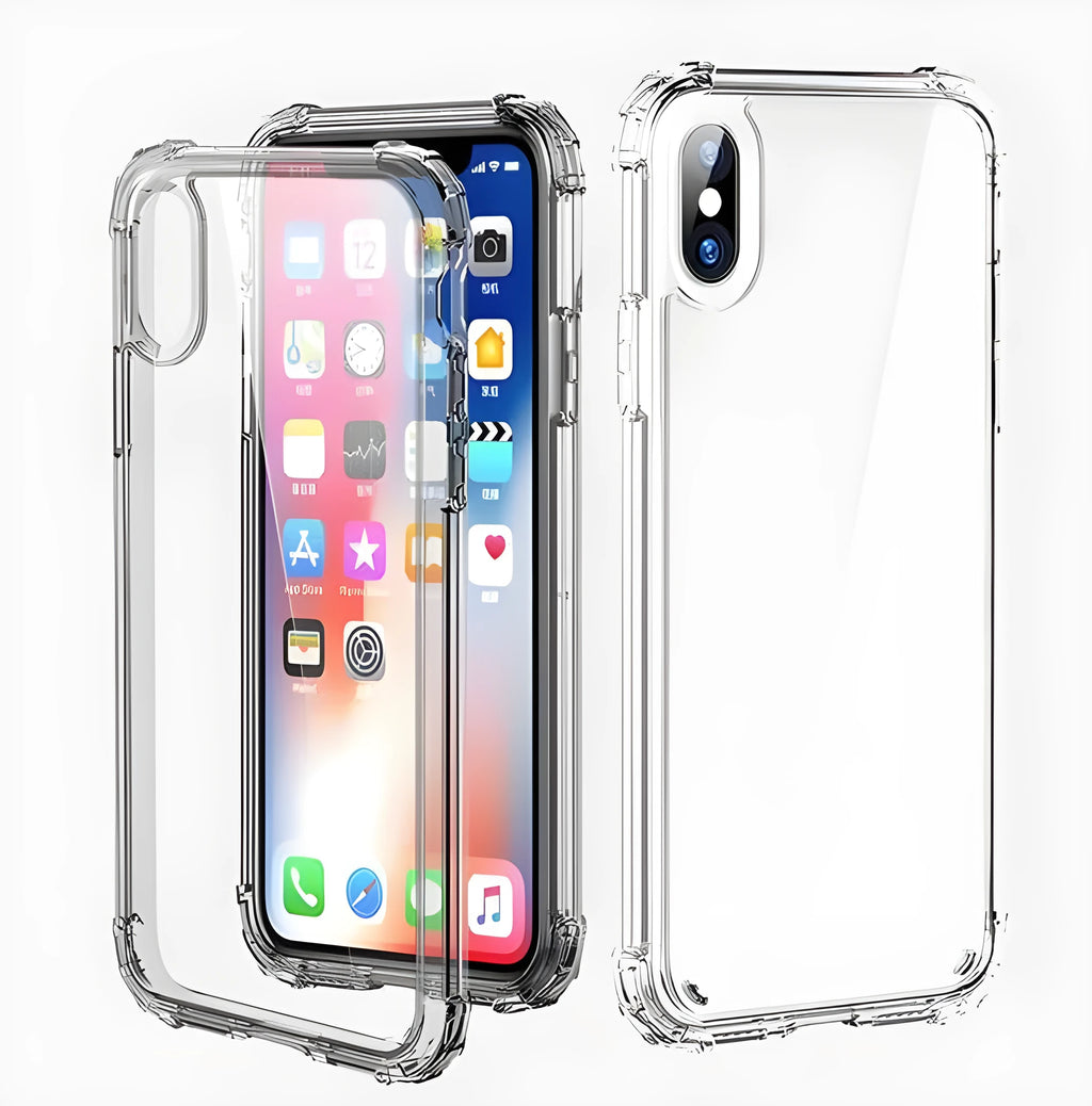 Transparent shockproof TPU mobile phone case for iPhone models on a plain background