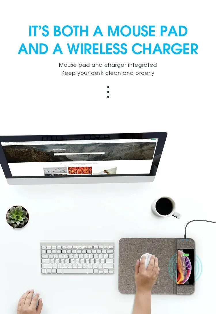 Grey foldable cloth phone holder with wireless charging stand on a desk