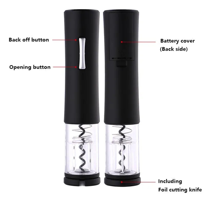 Automatic electric wine opener with black ABS shell and foil cutter set on a table alongside a wine bottle